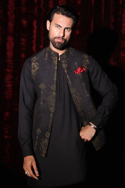 Black Embroidered Waistcoat - WC-297