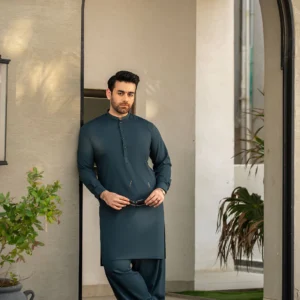 Teal Blue Embroidered Kameez Shalwar