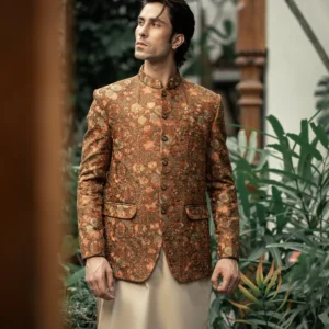 Rust Floral Embroidered Prince Coat PC-584