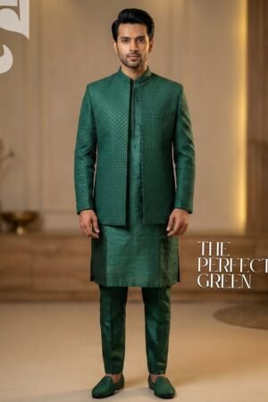 Emerald Prestige Raw Silk Prince Coat Suit – Premium Thread & Glitter Embroidery | PC-083