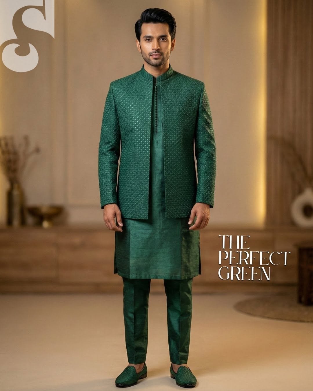 Emerald Prestige Raw Silk Prince Coat Suit – Premium Thread & Glitter Embroidery | PC-083