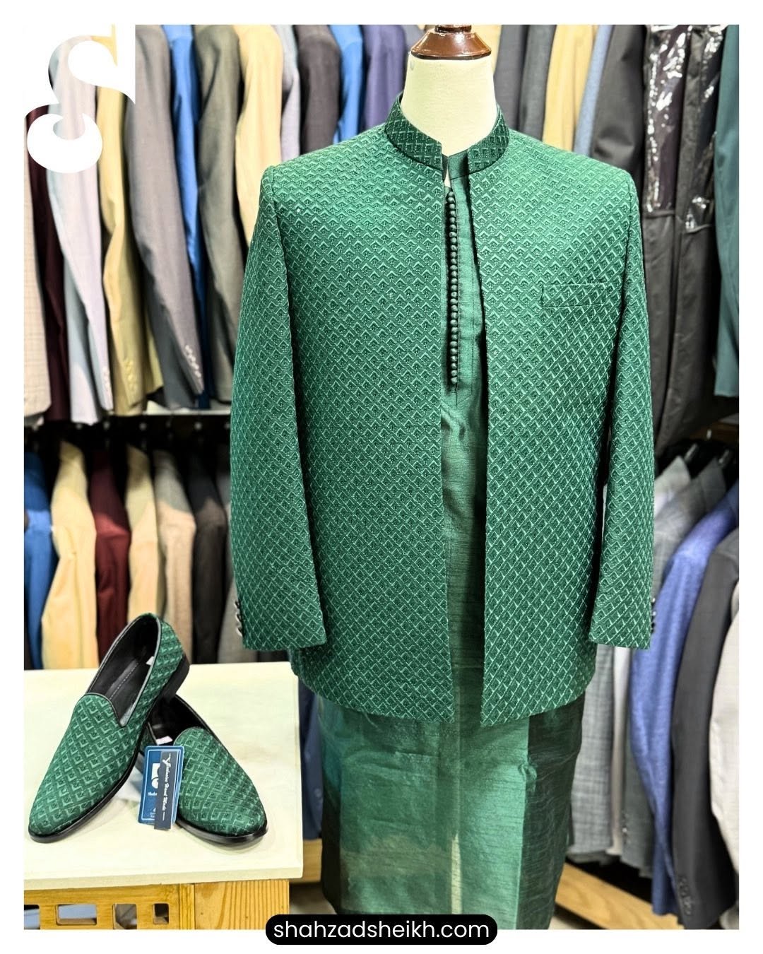 Emerald Prestige Raw Silk Prince Coat Suit – Premium Thread & Glitter Embroidery | PC-083 - Image 2