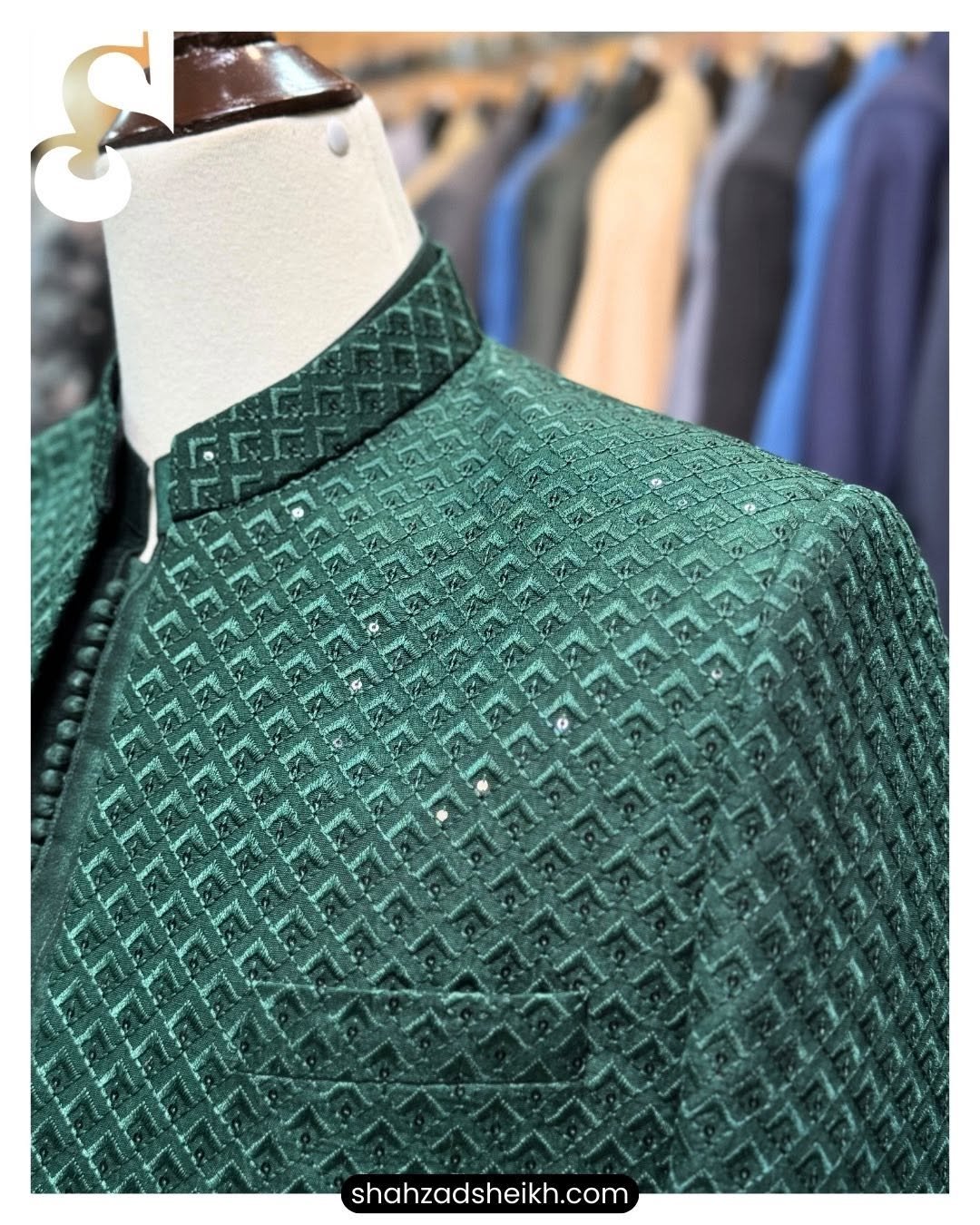 Emerald Prestige Raw Silk Prince Coat Suit – Premium Thread & Glitter Embroidery | PC-083 - Image 3
