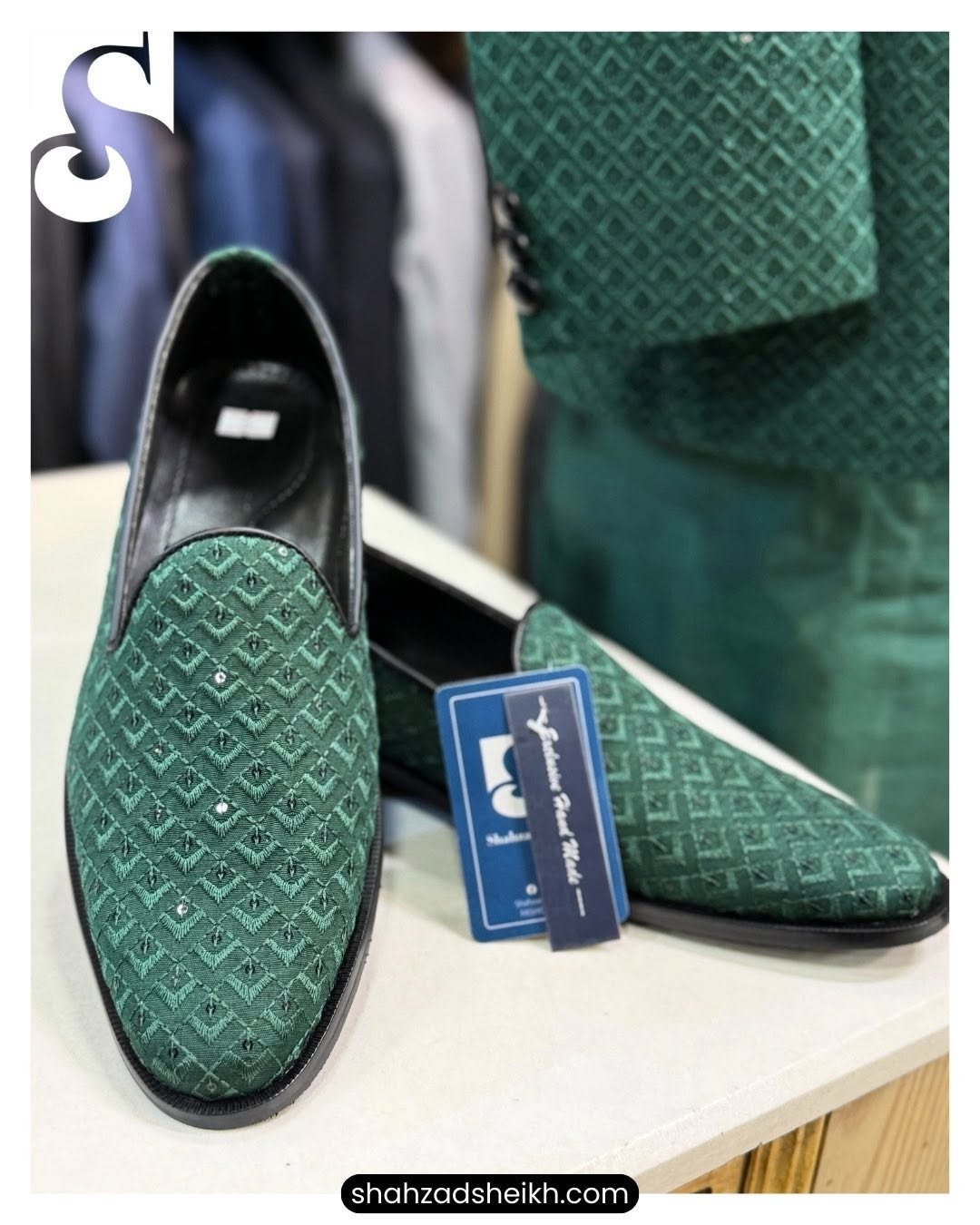 Emerald Prestige Raw Silk Prince Coat Suit – Premium Thread & Glitter Embroidery | PC-083 - Image 5