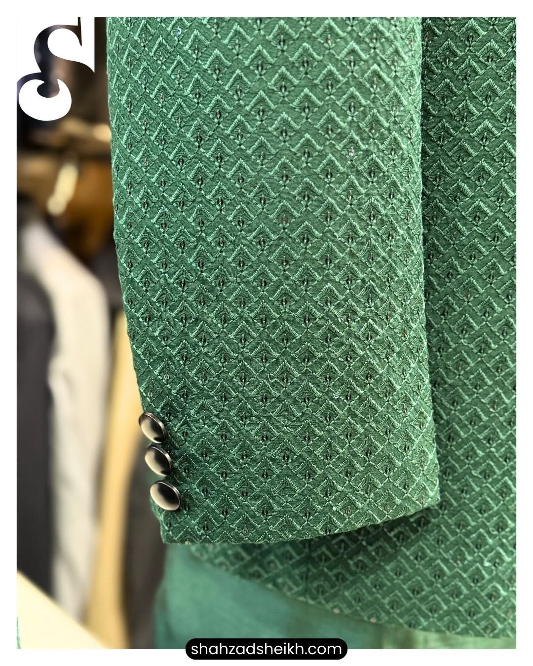 Emerald Prestige Raw Silk Prince Coat Suit – Premium Thread & Glitter Embroidery | PC-083 - Image 4
