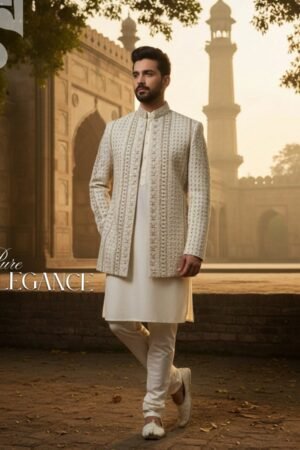 Ivory Regal Masuri Prince Coat – Handcrafted Tilla Filling on Raw Silk Base
