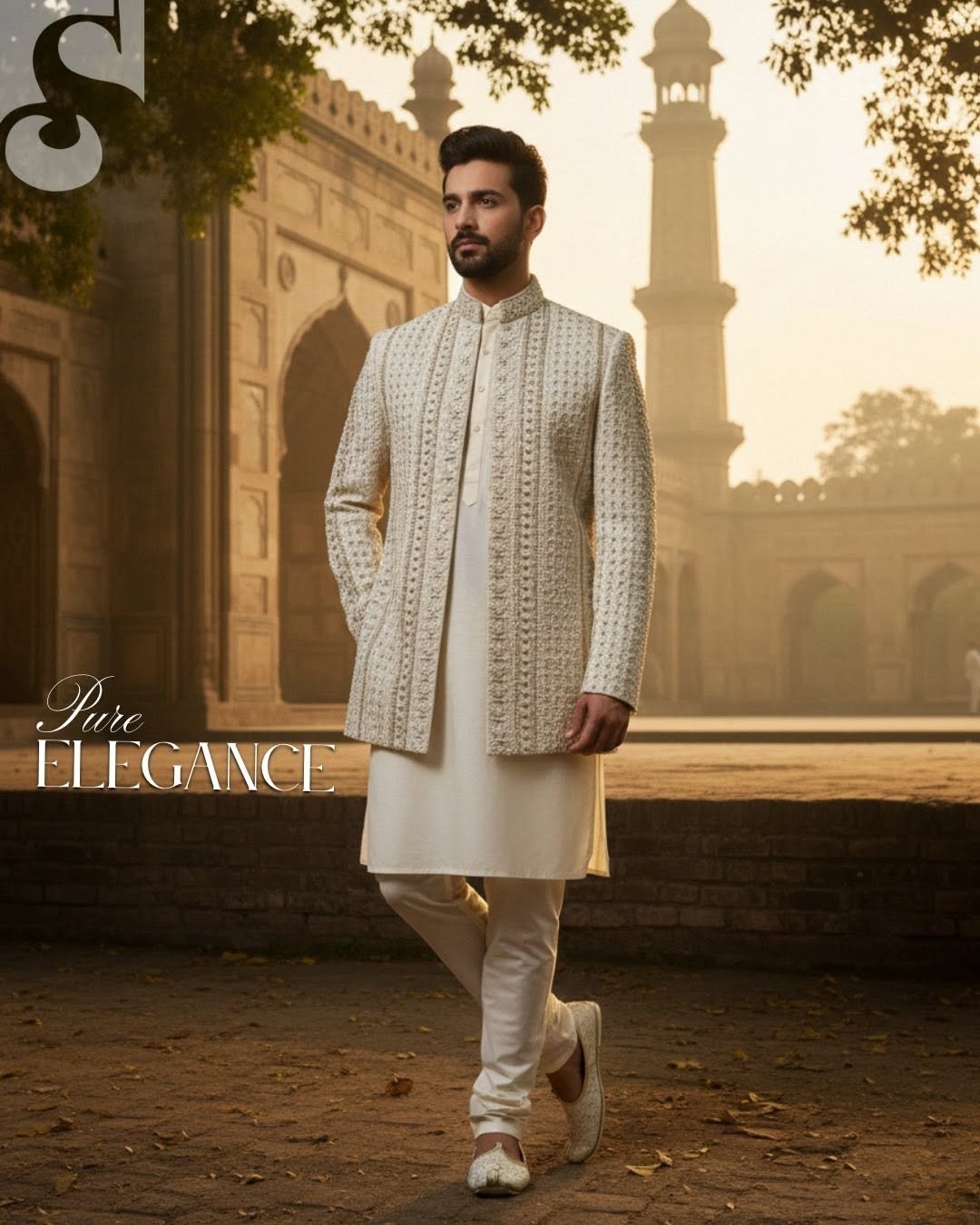 Ivory Regal Masuri Prince Coat – Handcrafted Tilla Filling on Raw Silk Base