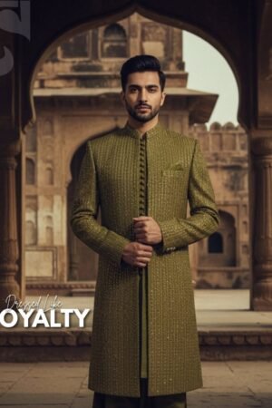 Imperial Olive Raw Silk Gown Coat Suit – Handcrafted Glitter & Thread Embroidery | GS-011 (Mehndi)