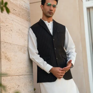 Black Lapel Striped Suiting Waistcoat WS-2015
