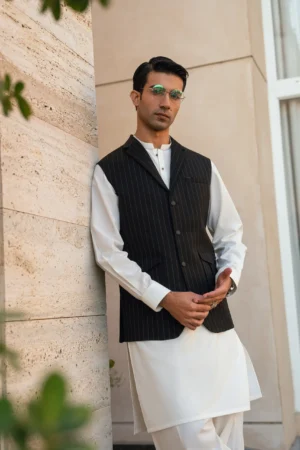 Black Lapel Striped Suiting Waistcoat WS-2015