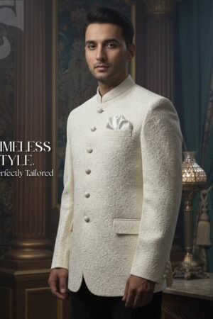 Royal Ivory Raw Silk Prince Coat – Premium Thread Embroidery | PC-082