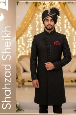 Black Anarkali Handcrafted Sherwani – Raw Silk | TDS-025