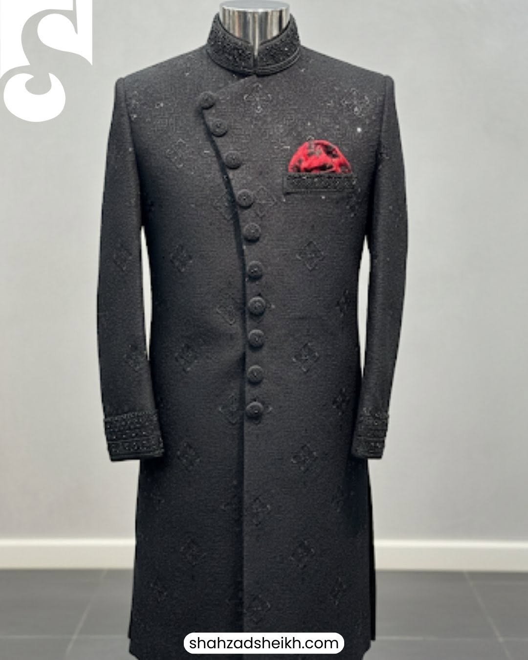 Black Anarkali Handcrafted Sherwani – Raw Silk | TDS-025 - Image 2