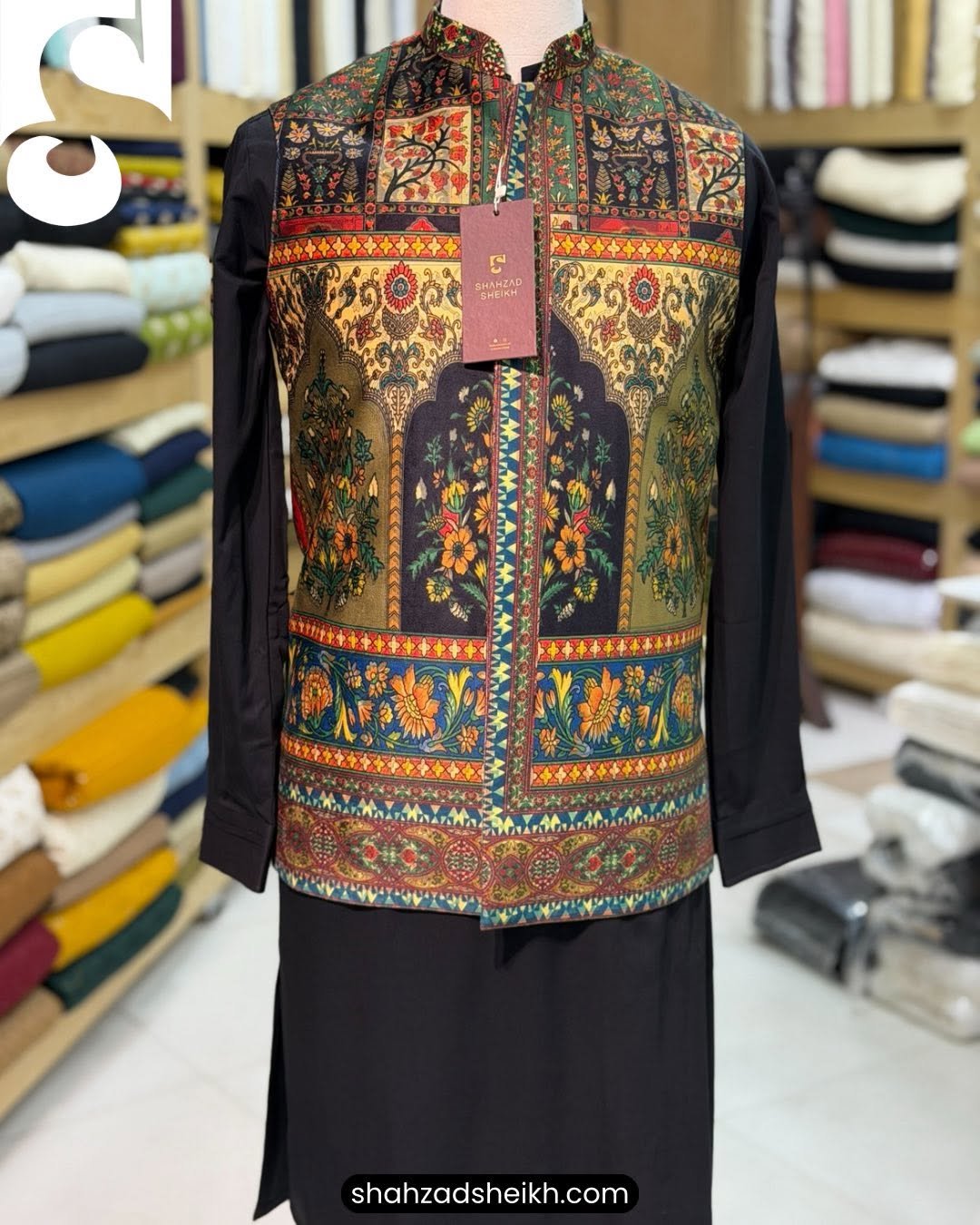 Heritage Mosaic Block Printed Velvet Waistcoat – WC-602 - Image 2