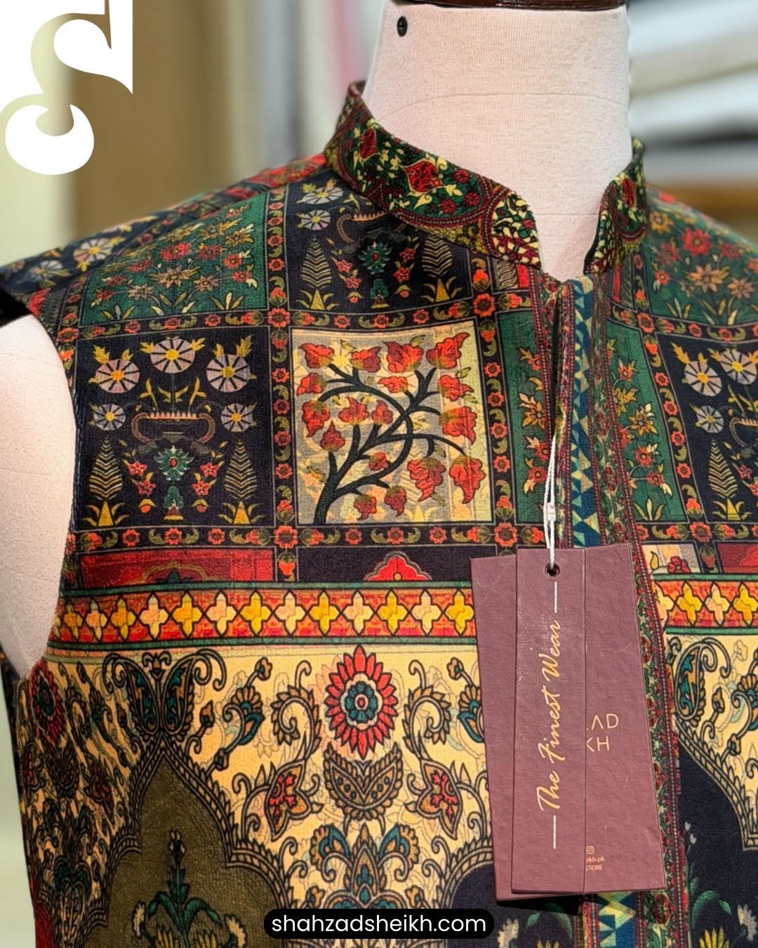 Heritage Mosaic Block Printed Velvet Waistcoat – WC-602 - Image 3