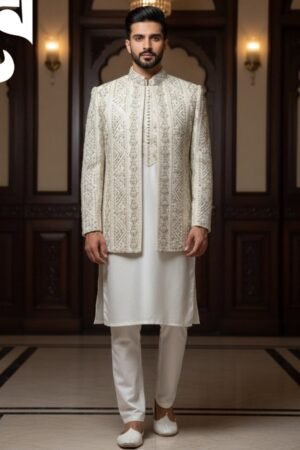 Cream Royale Handcrafted Prince Coat Suit – Raw Silk | TDPC-0185