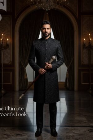 Midnight Royale Front Open Sherwani – Premium Raw Silk Thread Embroidery | GSS-021