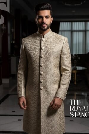 Golden Majesty Jamawar Sherwani – Premium Masuri Thread & Glitter Embroidery | S-022