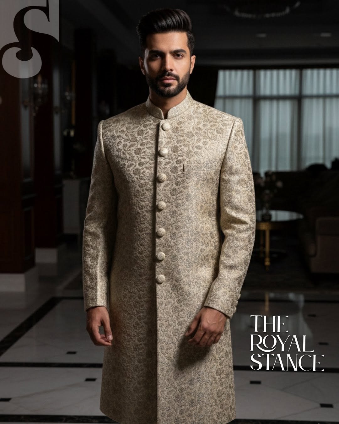 Golden Majesty Jamawar Sherwani – Premium Masuri Thread & Glitter Embroidery | S-022
