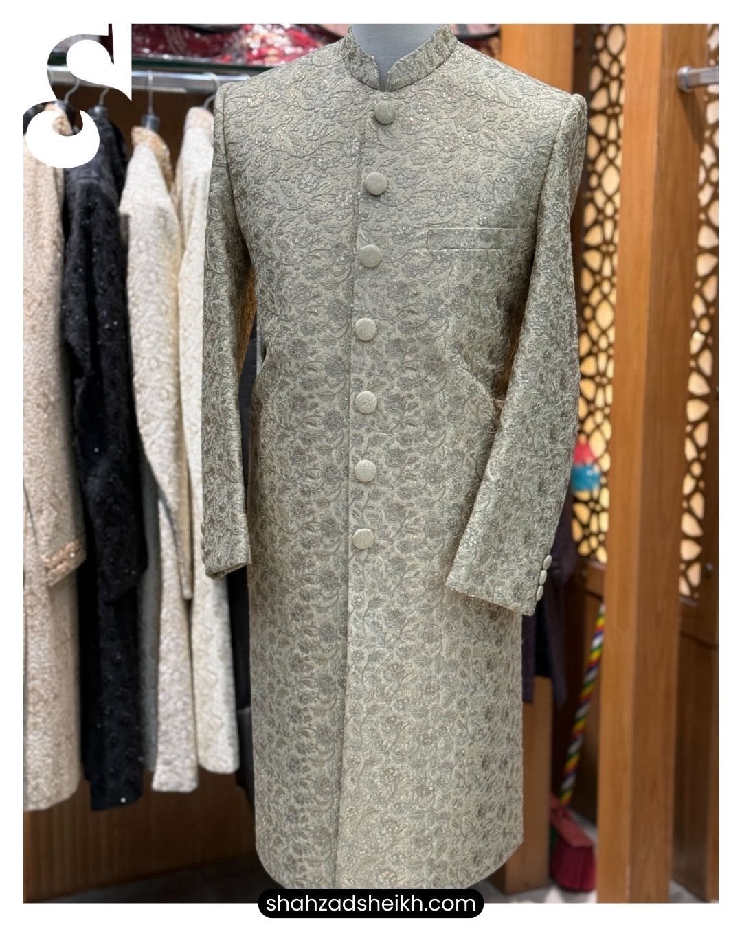 Golden Majesty Jamawar Sherwani – Premium Masuri Thread & Glitter Embroidery | S-022 - Image 5