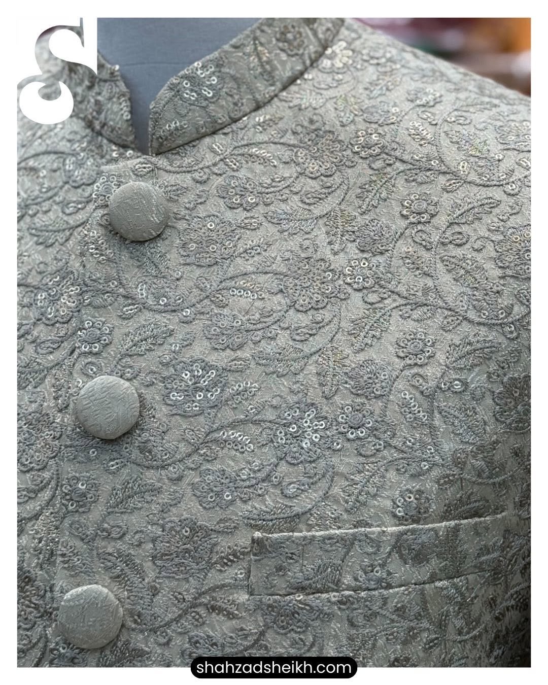Golden Majesty Jamawar Sherwani – Premium Masuri Thread & Glitter Embroidery | S-022 - Image 4