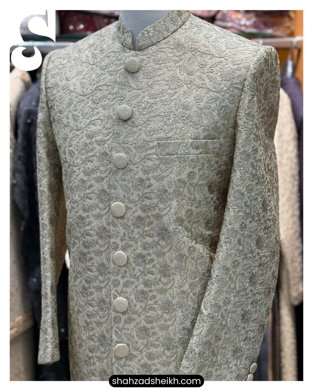 Golden Majesty Jamawar Sherwani – Premium Masuri Thread & Glitter Embroidery | S-022 - Image 3