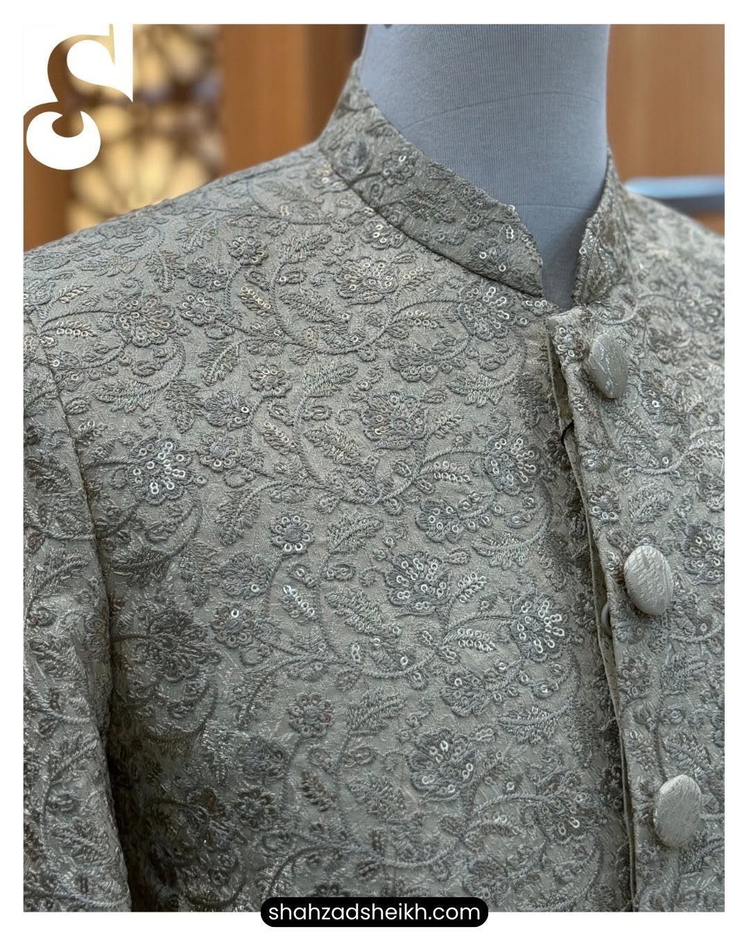Golden Majesty Jamawar Sherwani – Premium Masuri Thread & Glitter Embroidery | S-022 - Image 2