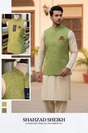 Mehndi Royale Masuri Waistcoat – Thread & Glitter Embroidery | WC-602