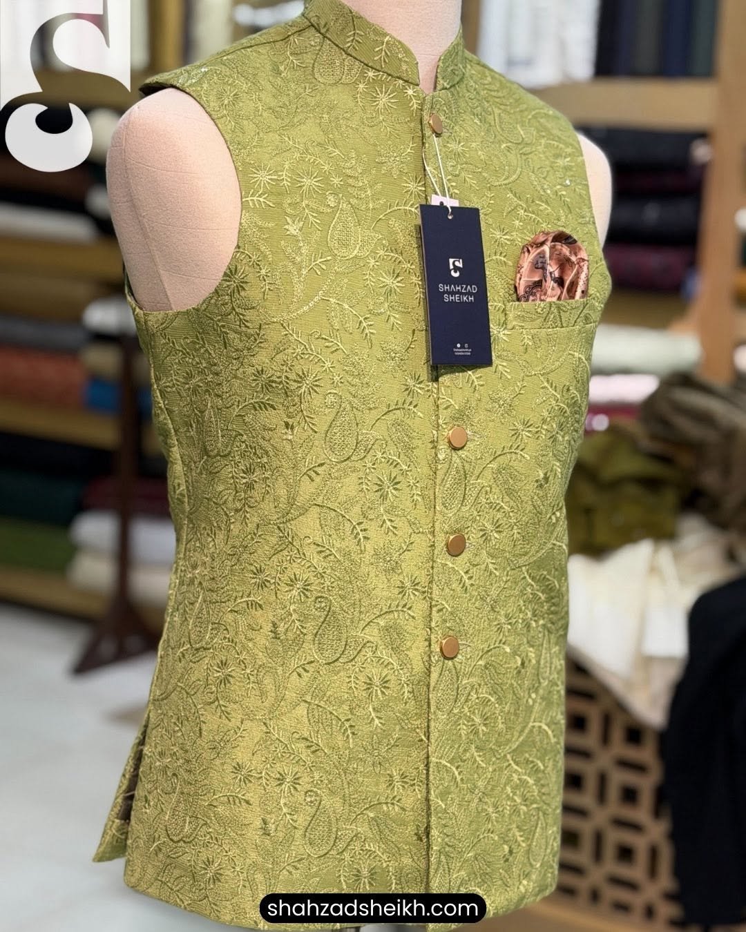 Mehndi Royale Masuri Waistcoat – Thread & Glitter Embroidery | WC-602 - Image 3