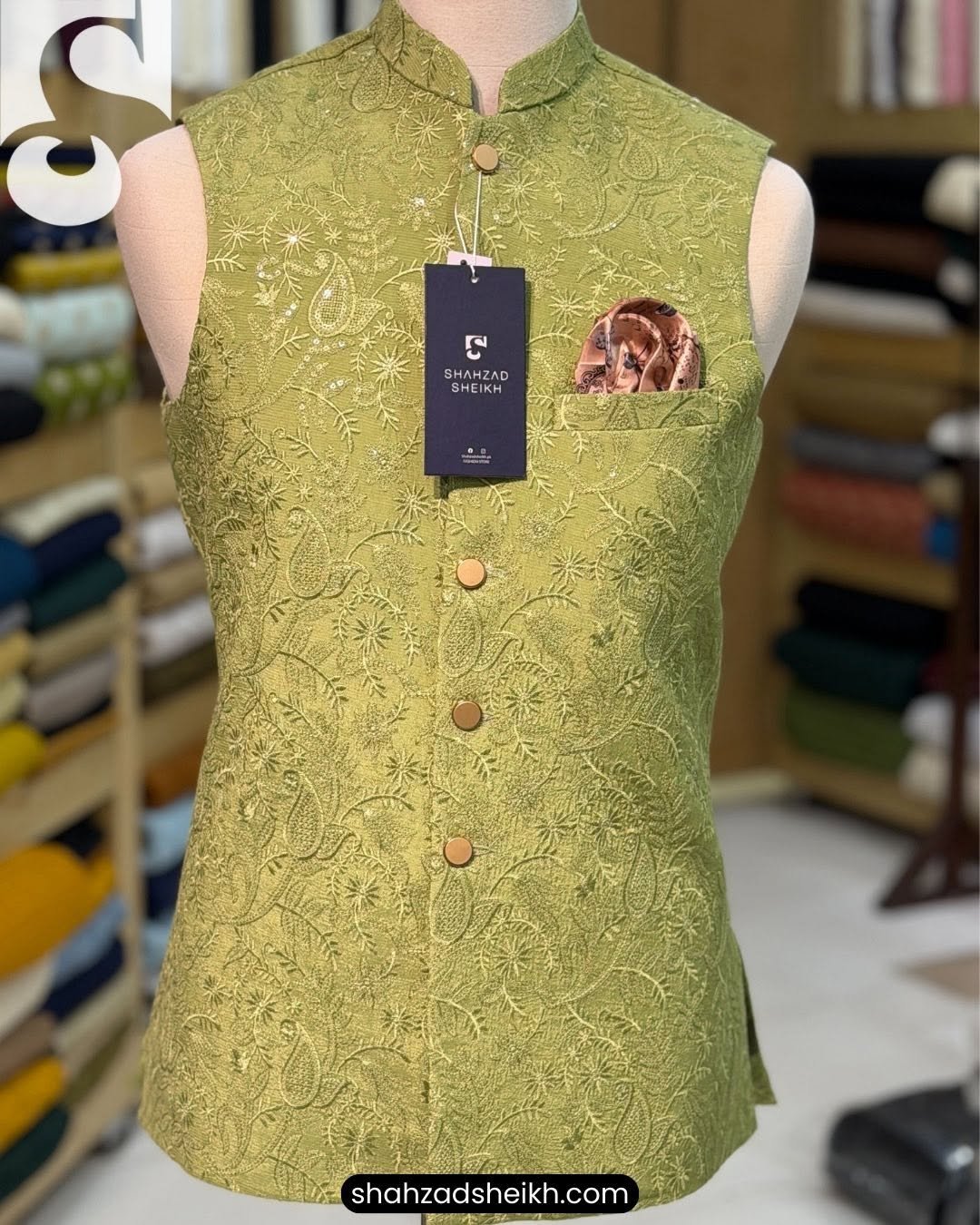 Mehndi Royale Masuri Waistcoat – Thread & Glitter Embroidery | WC-602 - Image 2