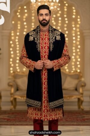 Mehroon Royale Hand-Embroidered Sherwani – Raw Silk Thread & Glitter Work | CS-026