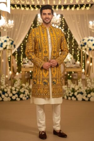 Golden Heritage Raw Silk Gown Suit – Exclusive Multi-Thread Embroidery | GS-012