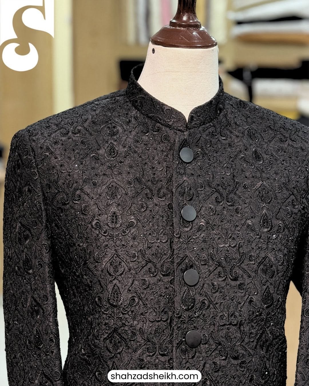 Midnight Black Hand-Embroidered Prince Coat – Premium Raw Silk | PC-0185 - Image 3