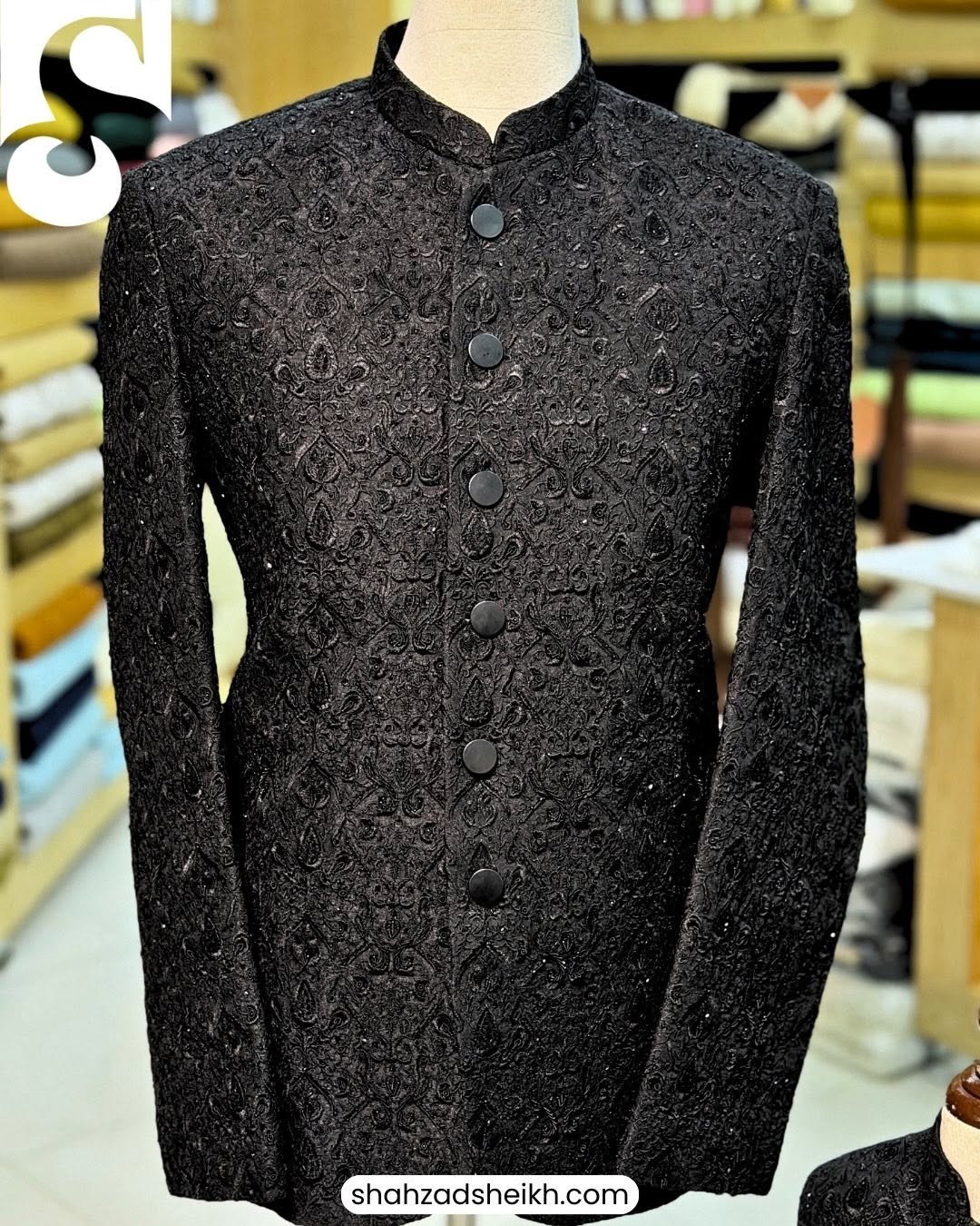 Midnight Black Hand-Embroidered Prince Coat – Premium Raw Silk | PC-0185 - Image 2