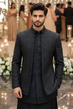 Black Royale Handcrafted Prince Suit With Full Inner & Pant – Raw Silk | TDPC-085
