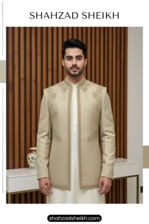 Cheeku Gold Royale Hand-Embroidered Prince Coat – Jamawar | PC-0184