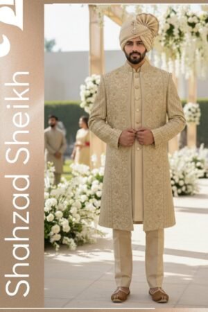 Royal Golden Front-Open Hand-Embroidered Sherwani – Raw Silk | TDS-024