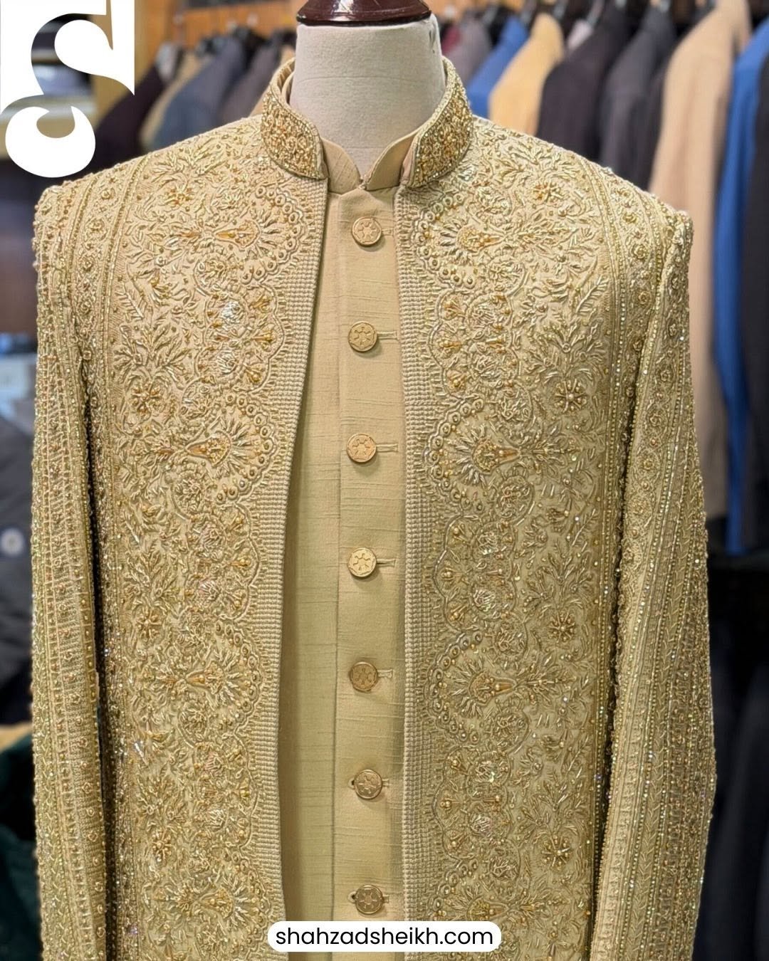Royal Golden Front-Open Hand-Embroidered Sherwani – Raw Silk | TDS-024 - Image 4