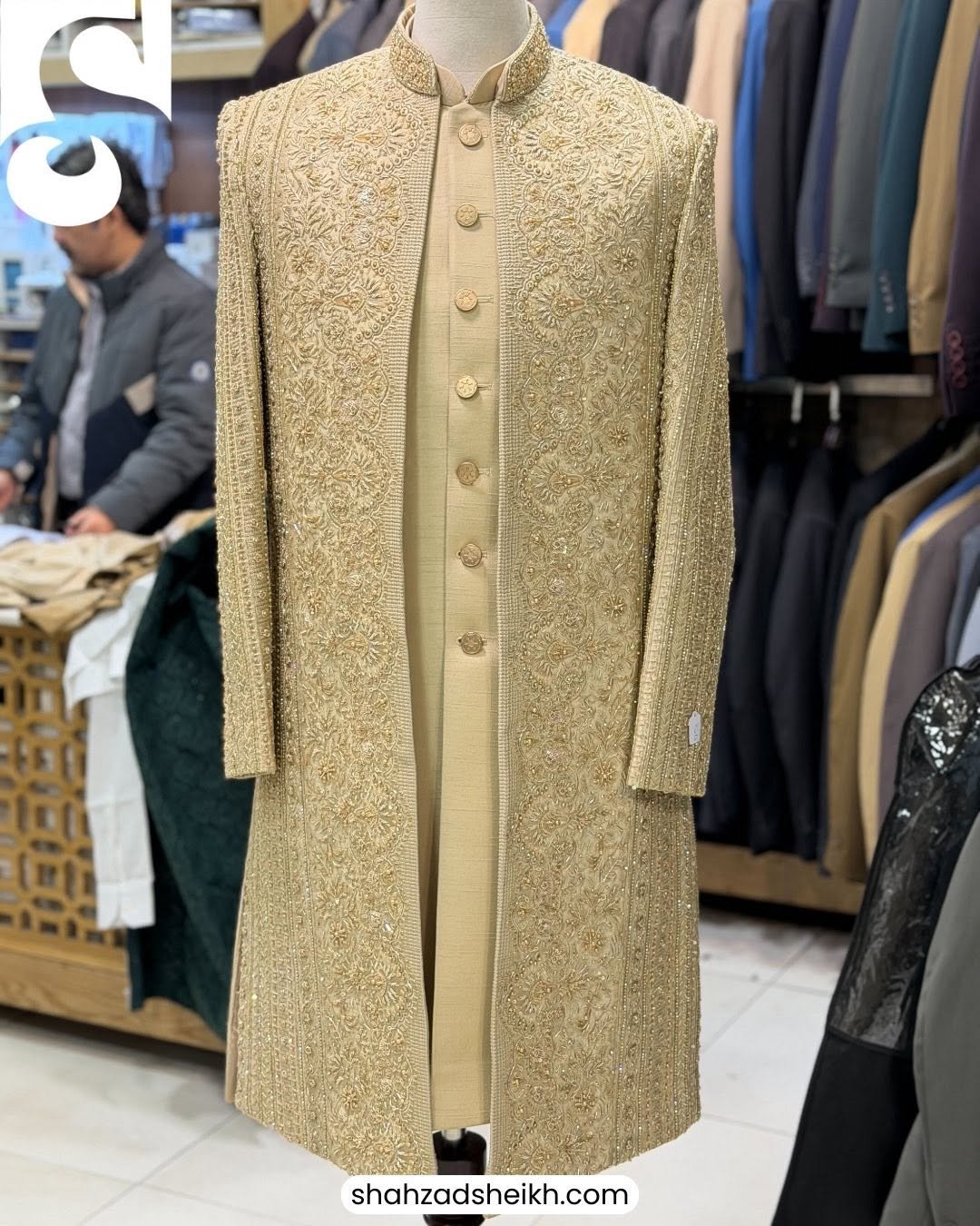 Royal Golden Front-Open Hand-Embroidered Sherwani – Raw Silk | TDS-024 - Image 3