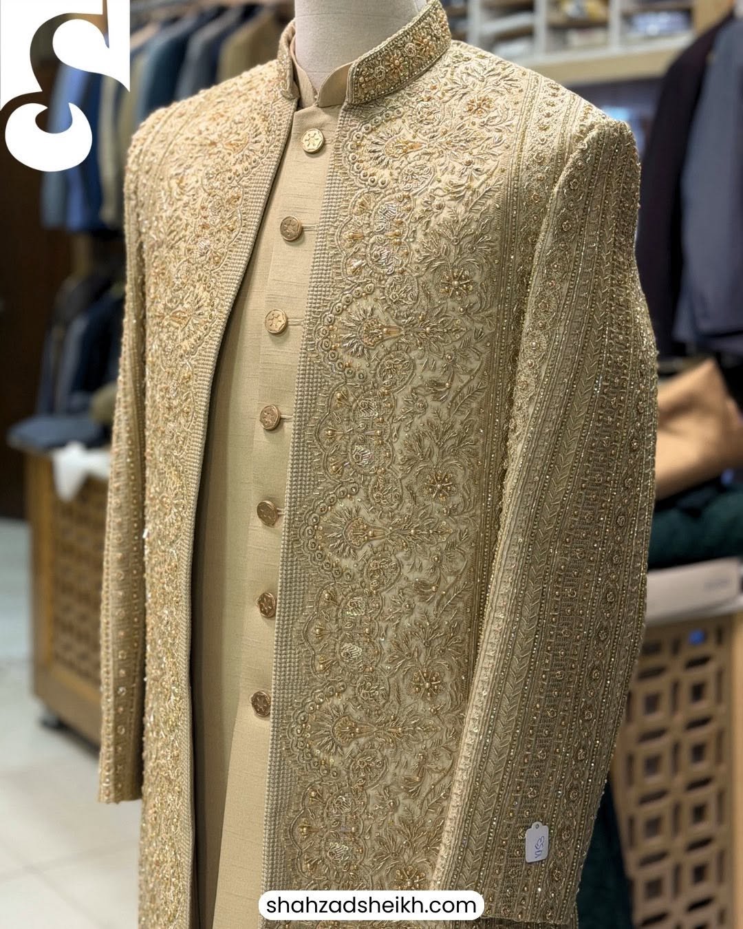 Royal Golden Front-Open Hand-Embroidered Sherwani – Raw Silk | TDS-024 - Image 2