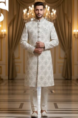 Ivory Royale Hand-Embroidered Sherwani – Raw Silk | TDS-022