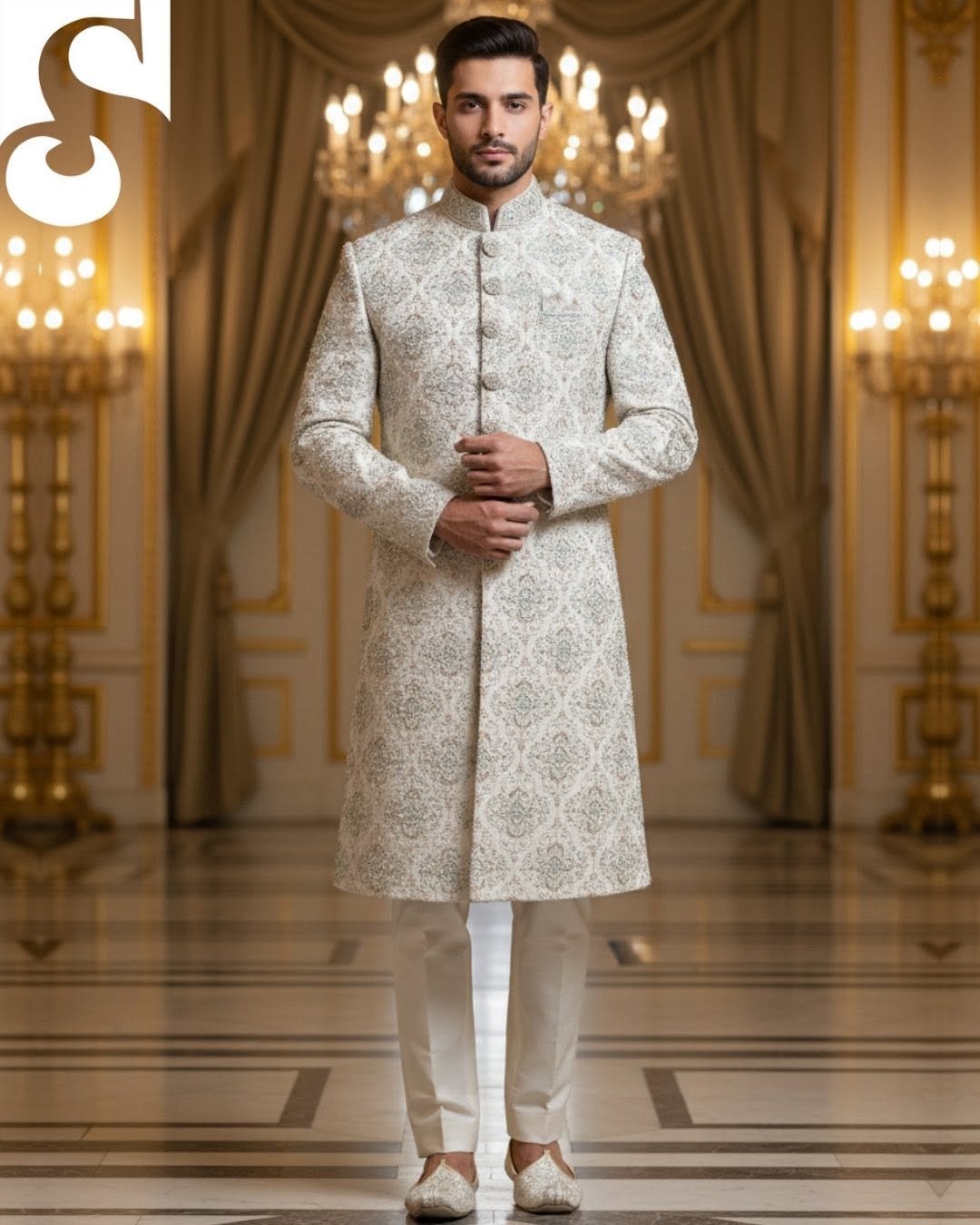 Ivory Royale Hand-Embroidered Sherwani – Raw Silk | TDS-022