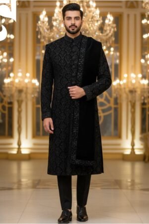 Black Royale Hand-Embroidered Sherwani – Velvet | TDS-023