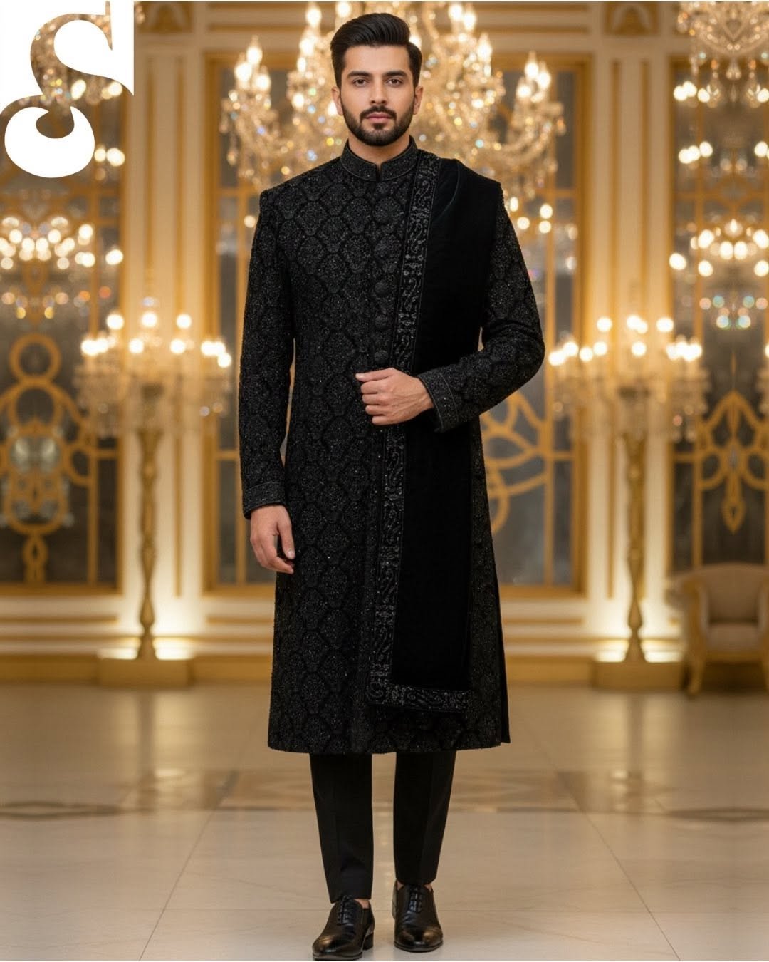 Black Royale Hand-Embroidered Sherwani – Velvet | TDS-023