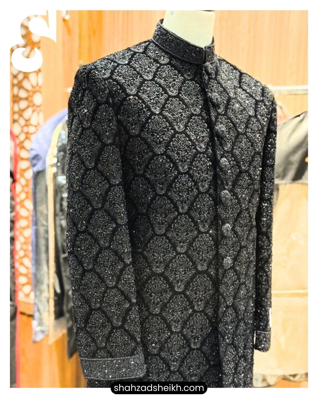 Black Royale Hand-Embroidered Sherwani – Velvet | TDS-023 - Image 6