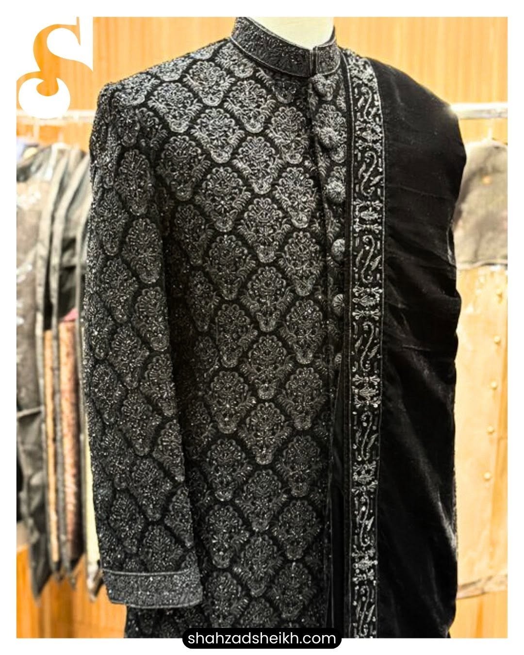 Black Royale Hand-Embroidered Sherwani – Velvet | TDS-023 - Image 5