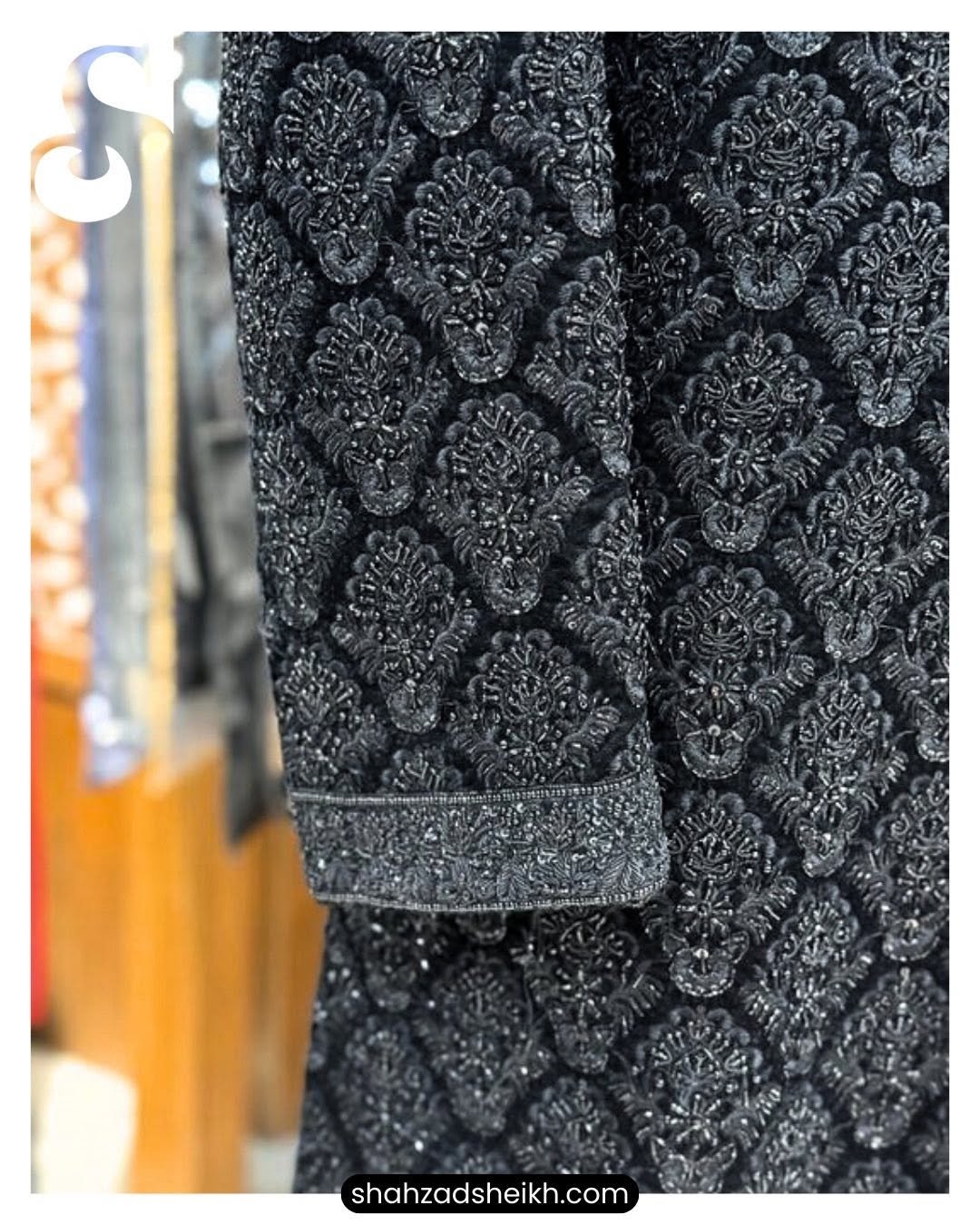 Black Royale Hand-Embroidered Sherwani – Velvet | TDS-023 - Image 4