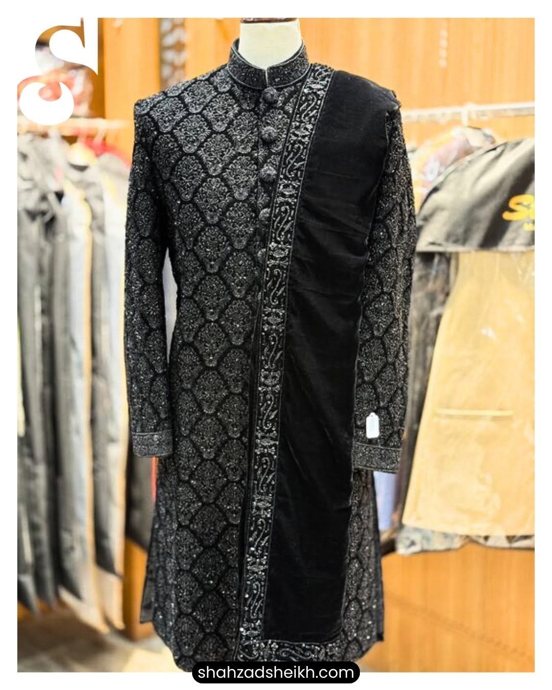 Black Royale Hand-Embroidered Sherwani – Velvet | TDS-023 - Image 3