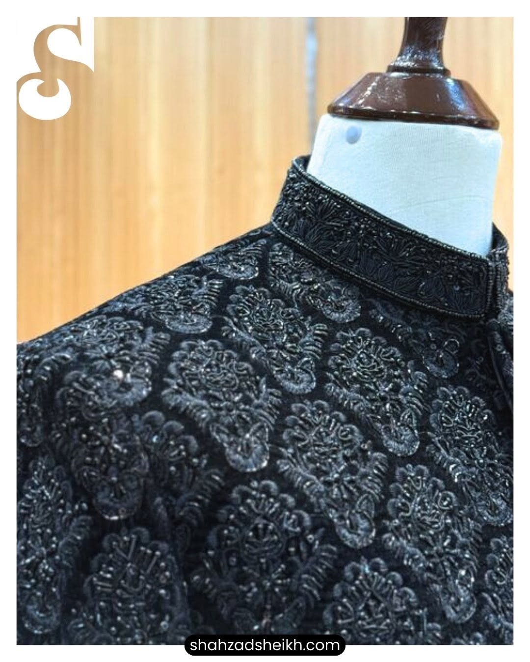 Black Royale Hand-Embroidered Sherwani – Velvet | TDS-023 - Image 2