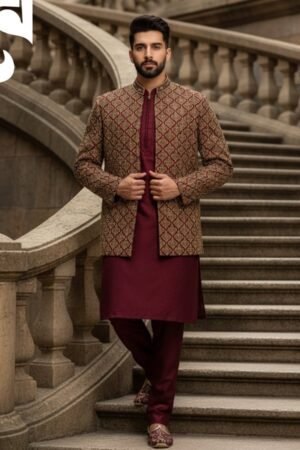 Royal Maroon Heritage Prince Coat Suit – Hand-Embroidered Raw Silk | PC-084